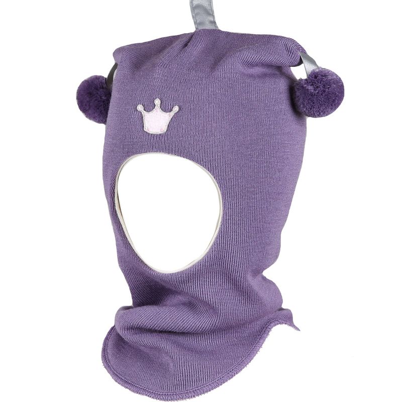 Kivat lue balaclava med krone og dusker, lilla