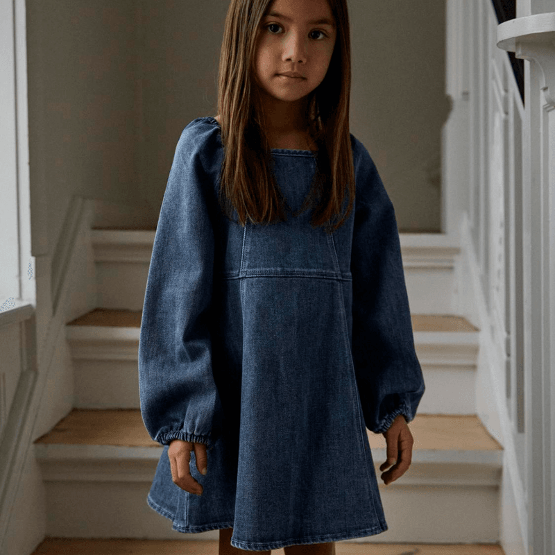 Lil' Atelier Nmfobello denim kjole til småbarn, Dark Blue