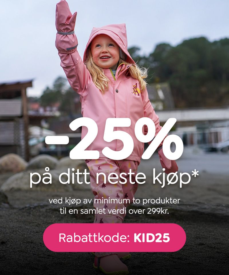 25% rabatt på ditt neste kjøp med rabattkoden KID25 - Gjør et kupp på barneklær, ull, sko og yttertøy til barn.